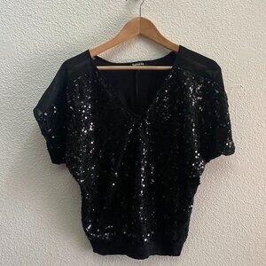 Express V-Neck Sequins Shiny Blouse Shirt Small Black Work Business Casual